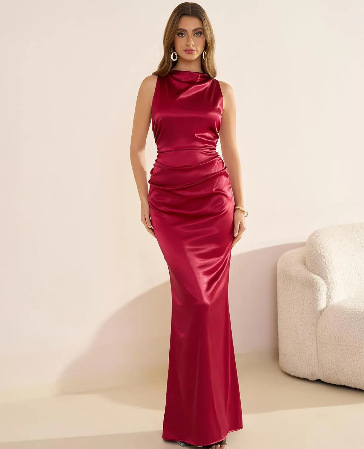 GLNEGE Women's Satin Mock Neck Maxi Formal Dresses Elegant Sleeveless Backless Wedding Guest Evening Party Dress