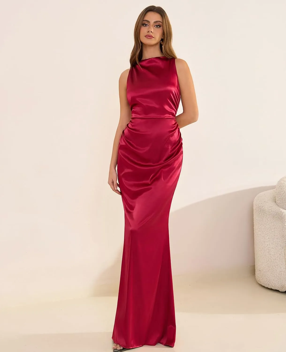 GLNEGE Women's Satin Mock Neck Maxi Formal Dresses Elegant Sleeveless Backless Wedding Guest Evening Party Dress