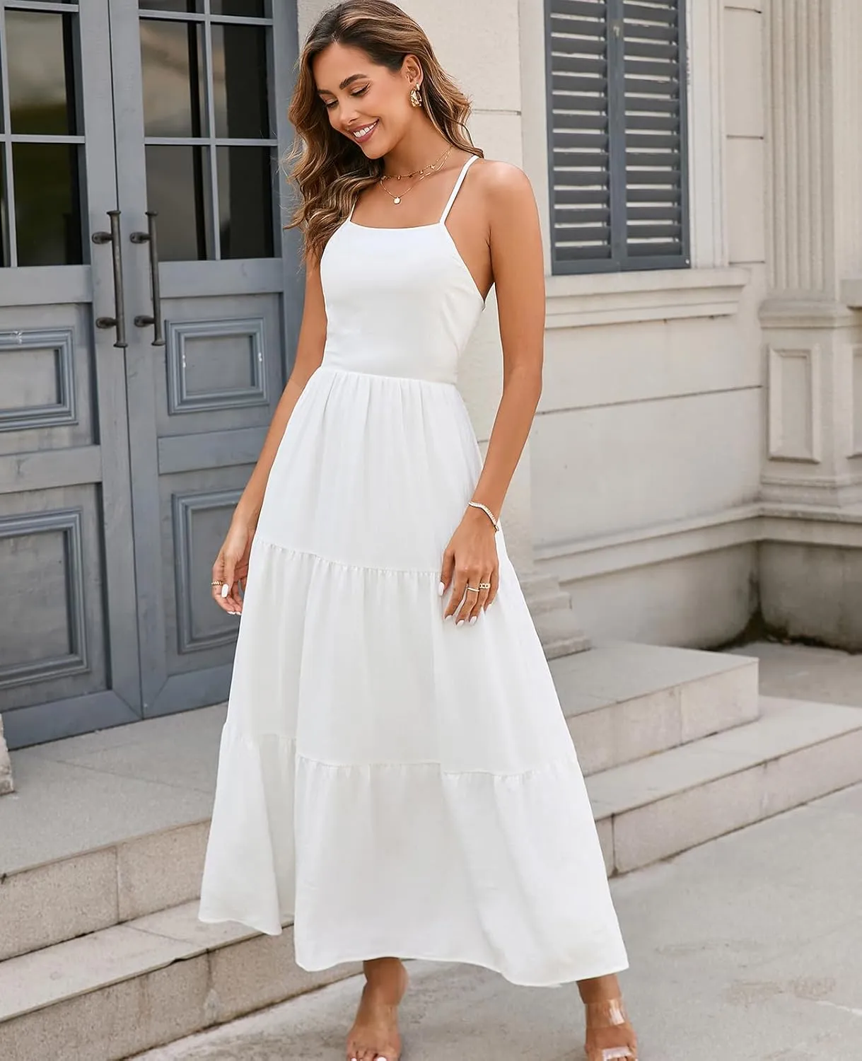 GLNEGE Women's Summer Boho Long Dresses Spaghetti Backless Lace Up Beach Dress Vacation Flowy Sundresses 2025