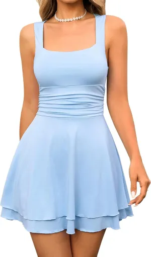 GLNEGE Women's Summer Casual Mini Dress Square Neck Sleeveless Short Ruffle Dresses Ruched Waist Flowy A-line Party Outfits