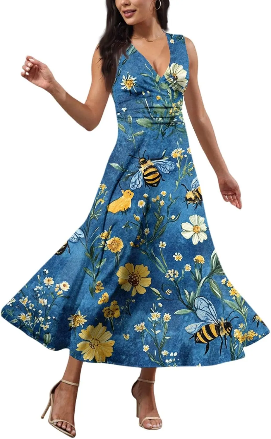 Hawaiian Dresses for Women Luau Party Summer Floral Sleeveless Sundress Sexy V Neck Cinched Waist Long Dress