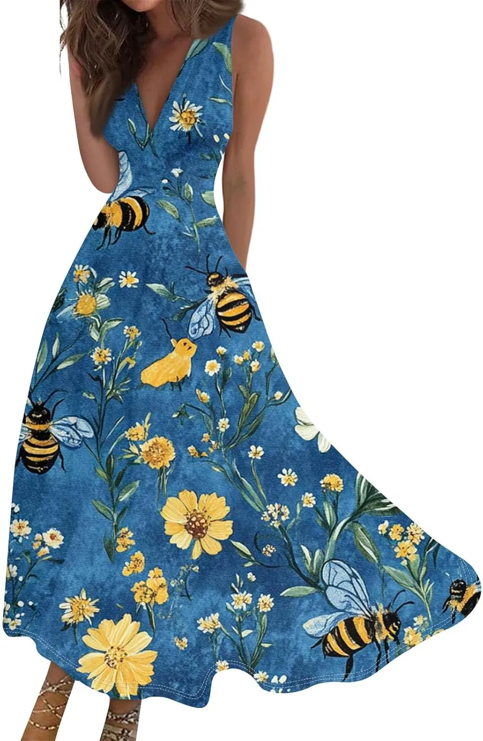 Hawaiian Dresses for Women Luau Party Summer Floral Sleeveless Sundress Sexy V Neck Cinched Waist Long Dress