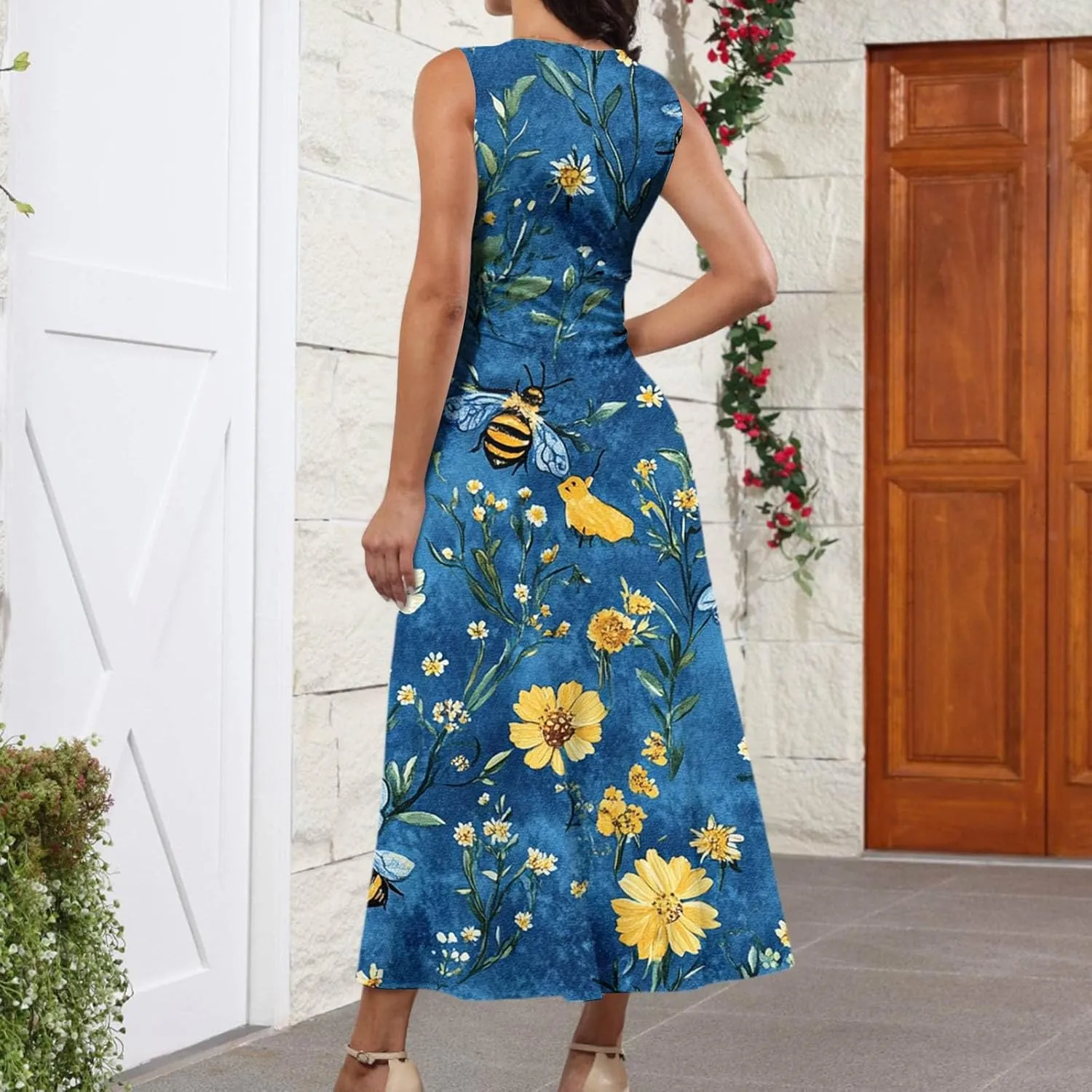 Hawaiian Dresses for Women Luau Party Summer Floral Sleeveless Sundress Sexy V Neck Cinched Waist Long Dress