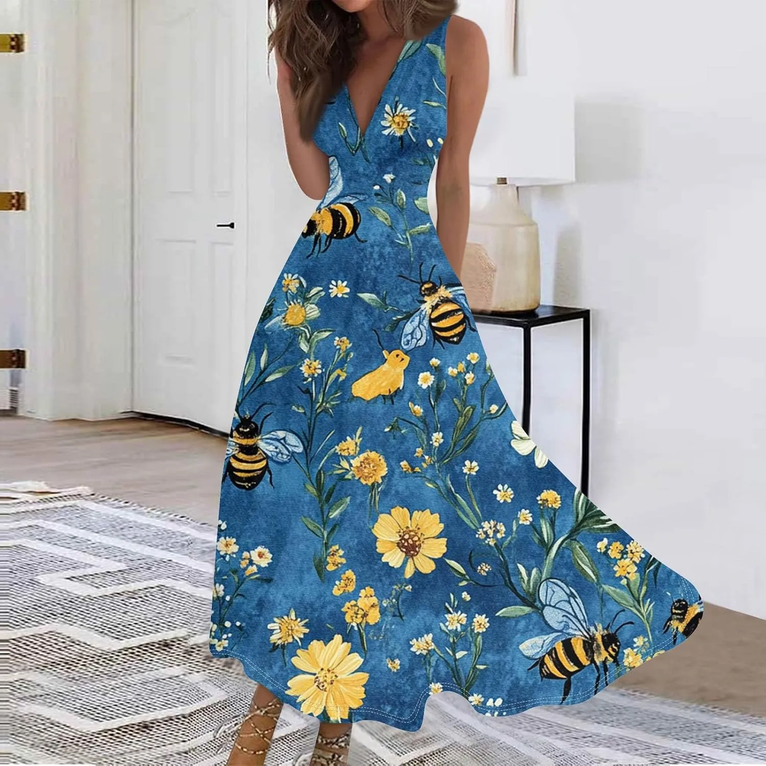 Hawaiian Dresses for Women Luau Party Summer Floral Sleeveless Sundress Sexy V Neck Cinched Waist Long Dress