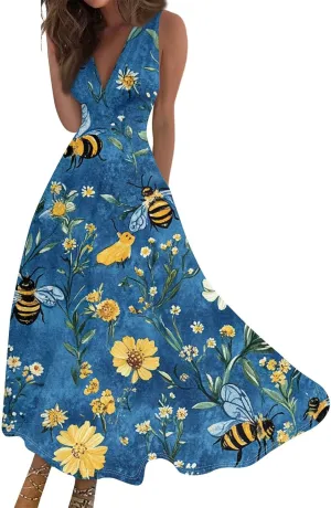 Hawaiian Dresses for Women Luau Party Summer Floral Sleeveless Sundress Sexy V Neck Cinched Waist Long Dress