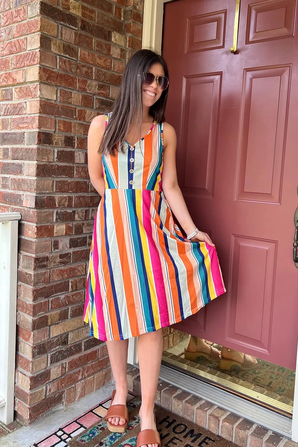 II ININ Women's 2025 Sundresses Casual Summer Tank Dress V Neck Sleeveless Button Down Midi Floral Beach Dress with Pockets