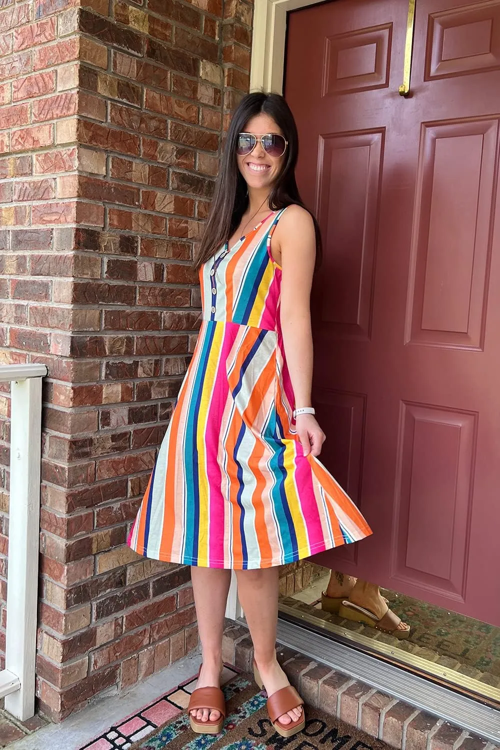 II ININ Women's 2025 Sundresses Casual Summer Tank Dress V Neck Sleeveless Button Down Midi Floral Beach Dress with Pockets