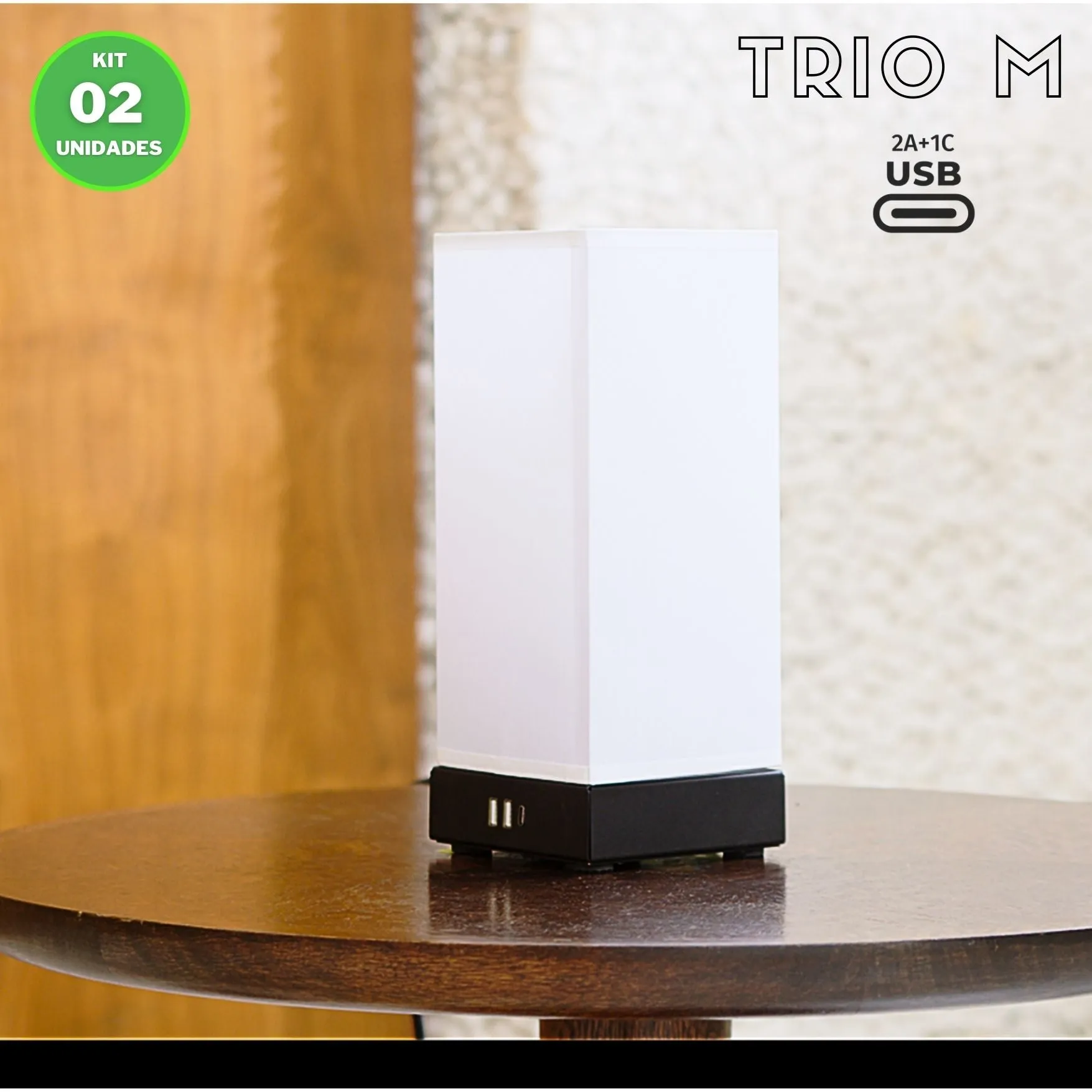 Kit 2 TRIO M | 3 portas carga rápida USB 2A   1C | Tomada incluída