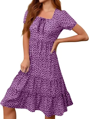 Knee Length Dress for Women 2025 Summer Boho Floral Short Sleeve Casual Square Neck A-Line Flowy Tiered Ruffle Sundress