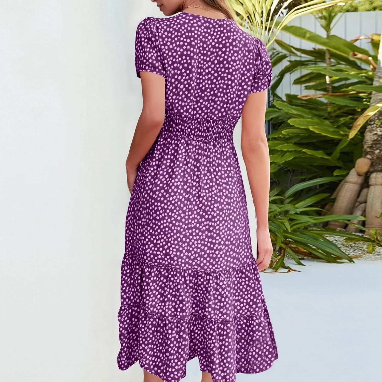 Knee Length Dress for Women 2025 Summer Boho Floral Short Sleeve Casual Square Neck A-Line Flowy Tiered Ruffle Sundress