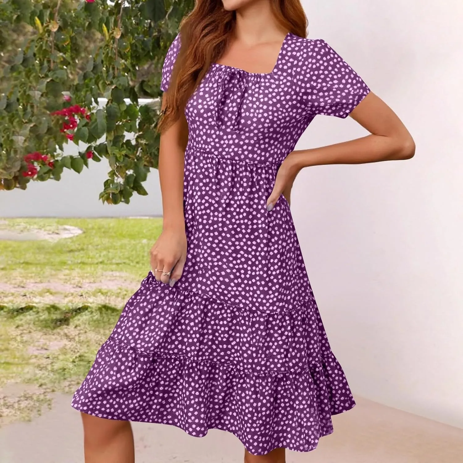 Knee Length Dress for Women 2025 Summer Boho Floral Short Sleeve Casual Square Neck A-Line Flowy Tiered Ruffle Sundress