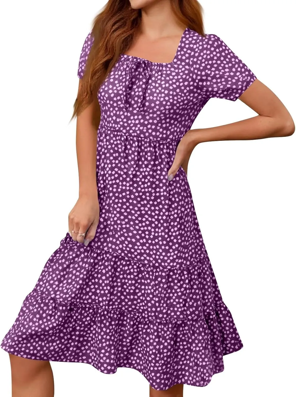 Knee Length Dress for Women 2025 Summer Boho Floral Short Sleeve Casual Square Neck A-Line Flowy Tiered Ruffle Sundress