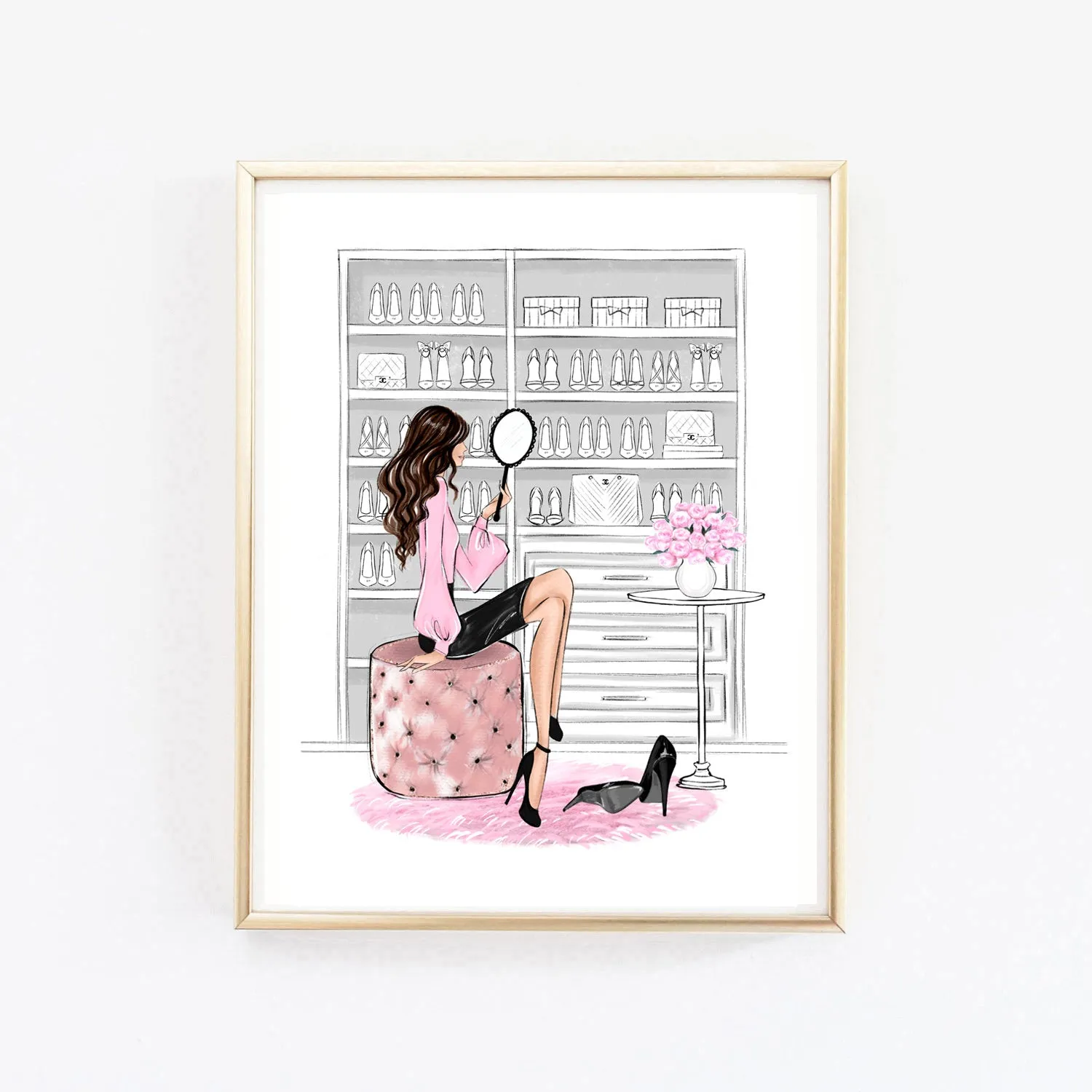Lady in Closet art print fashion illustration in pink tones