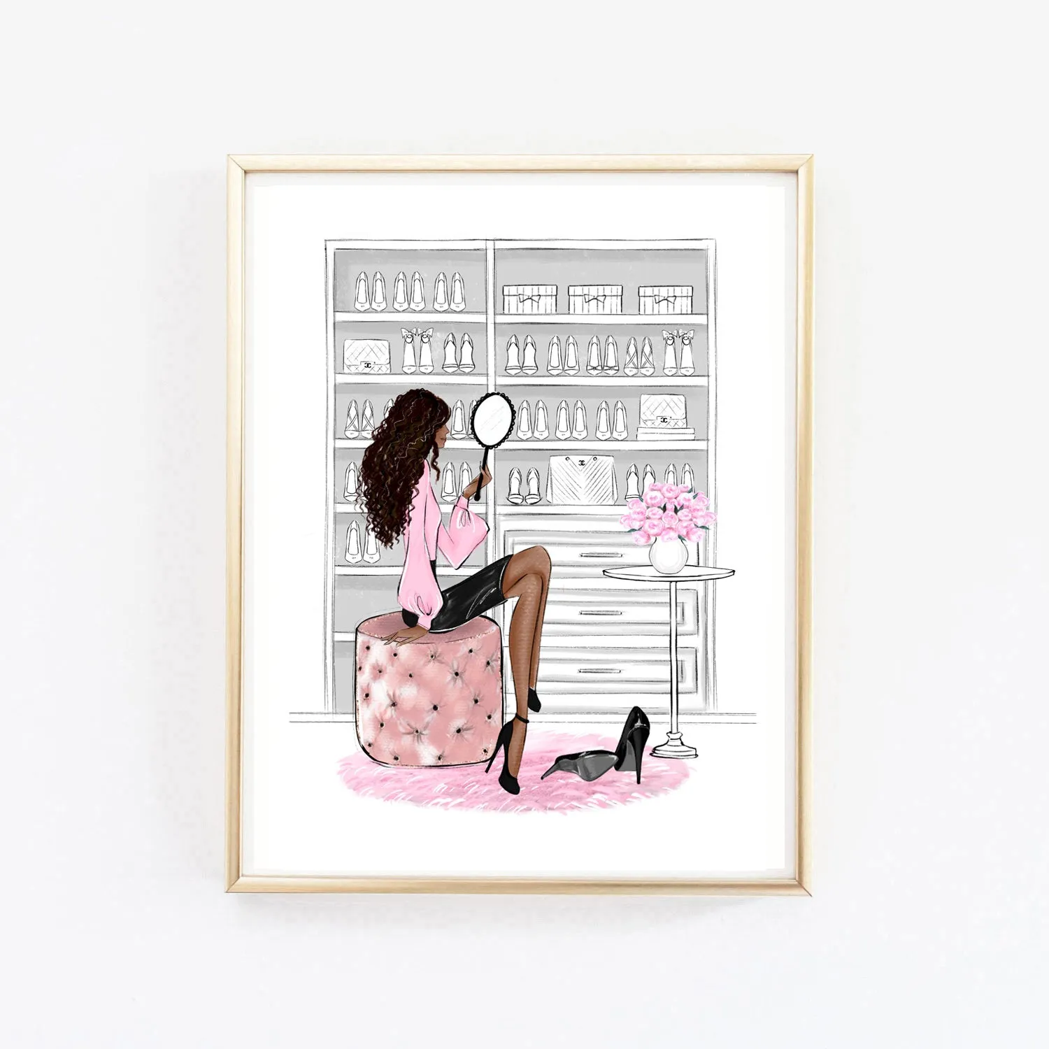 Lady in Closet art print fashion illustration in pink tones