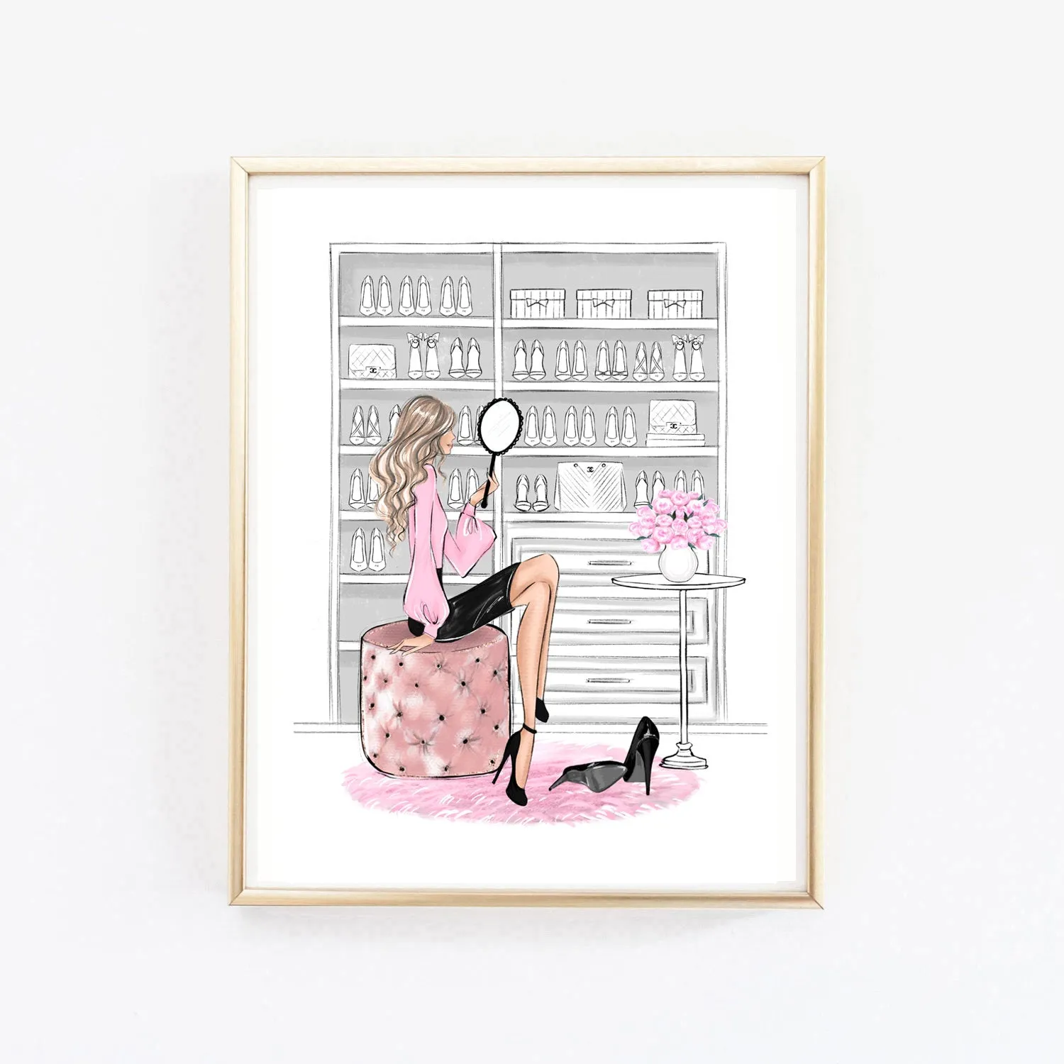 Lady in Closet art print fashion illustration in pink tones
