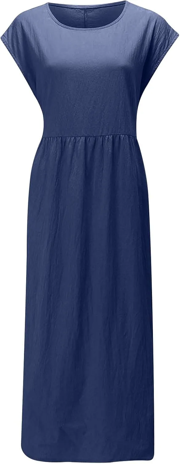 Linen Dress Womens Summer Cap Sleeve Maxi Dress Solid Casual Baggy Flowy Long Dresses Sundres Sundresses with Pockets