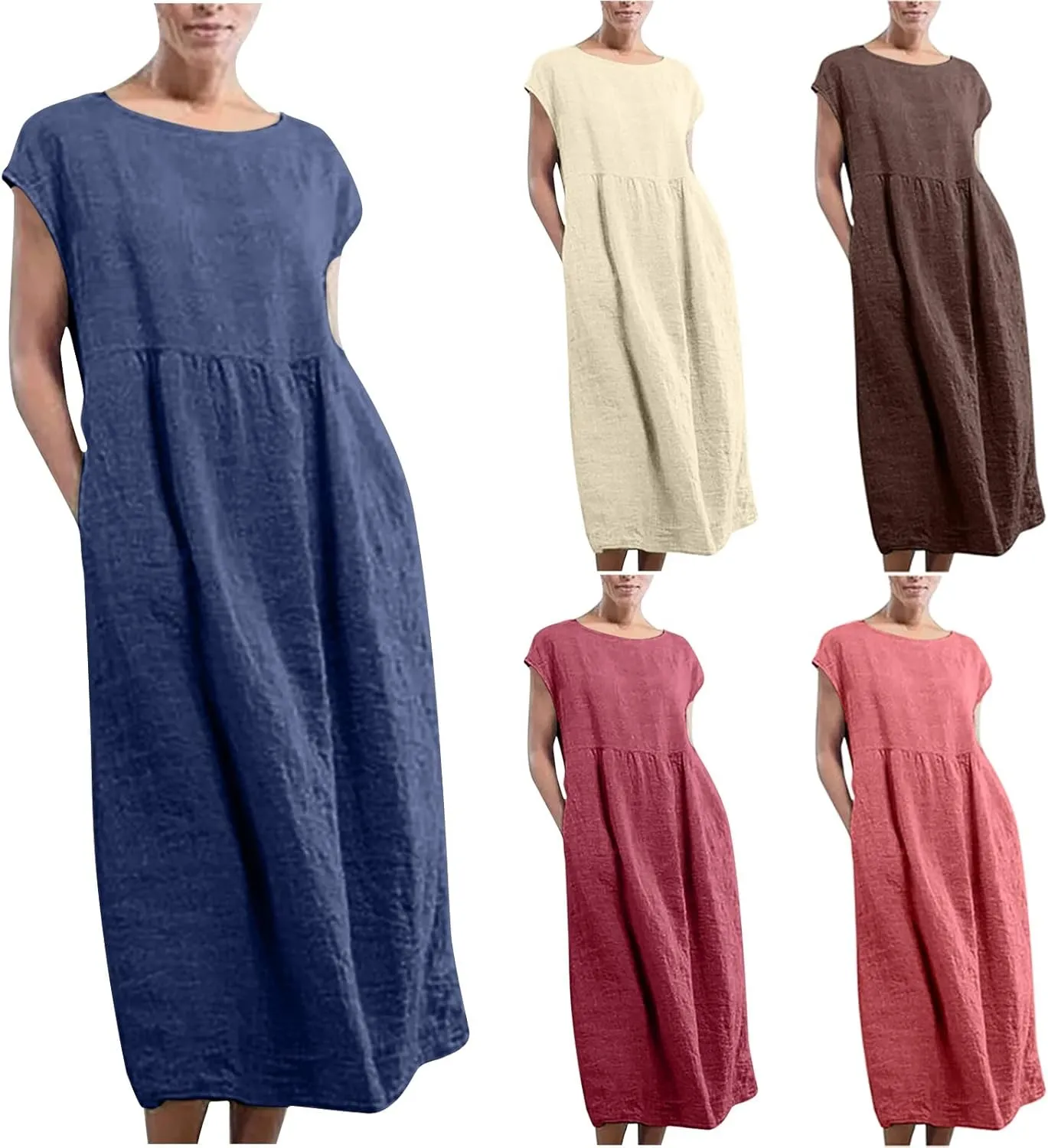 Linen Dress Womens Summer Cap Sleeve Maxi Dress Solid Casual Baggy Flowy Long Dresses Sundres Sundresses with Pockets