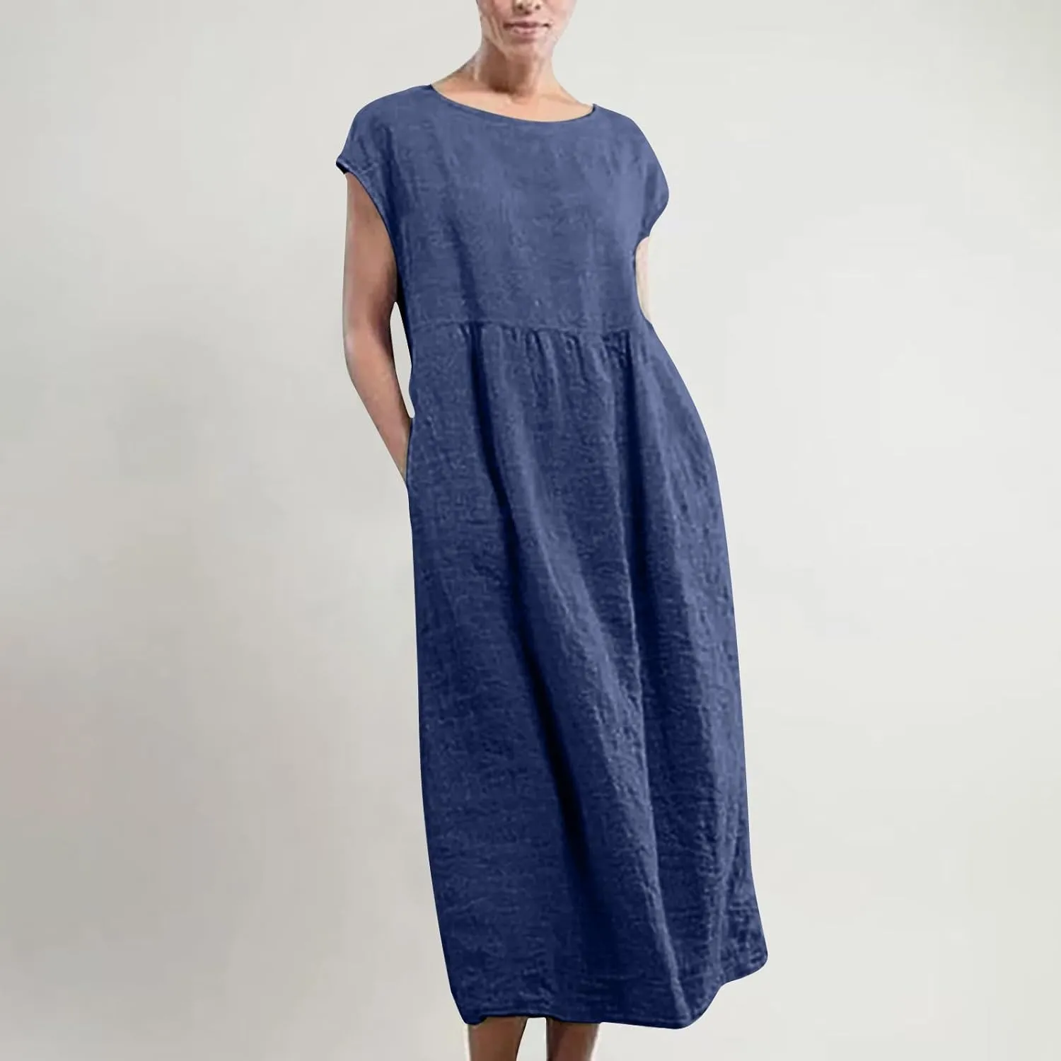Linen Dress Womens Summer Cap Sleeve Maxi Dress Solid Casual Baggy Flowy Long Dresses Sundres Sundresses with Pockets