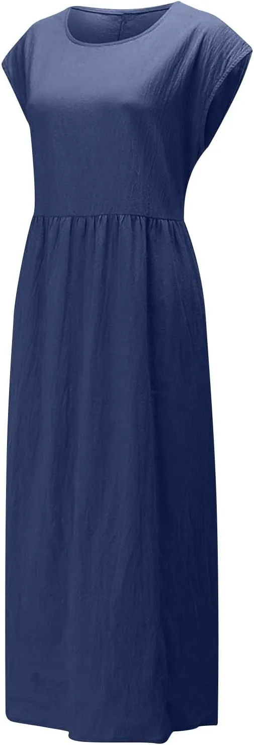 Linen Dress Womens Summer Cap Sleeve Maxi Dress Solid Casual Baggy Flowy Long Dresses Sundres Sundresses with Pockets