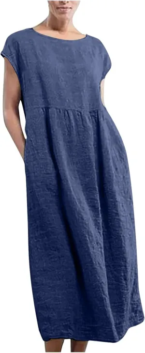 Linen Dress Womens Summer Cap Sleeve Maxi Dress Solid Casual Baggy Flowy Long Dresses Sundres Sundresses with Pockets