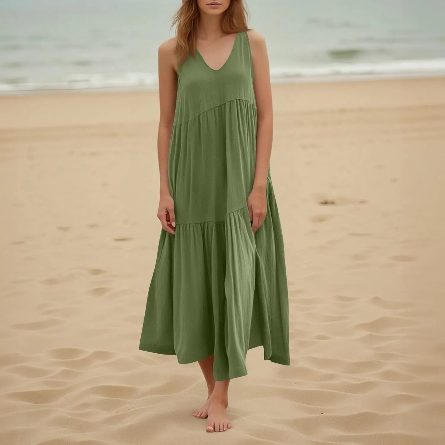 Linen Dresses for Women 2025 Summer Plus Size Casual Dresses Sleeveless V Neck Beach Flowy Long Dress with Pockets