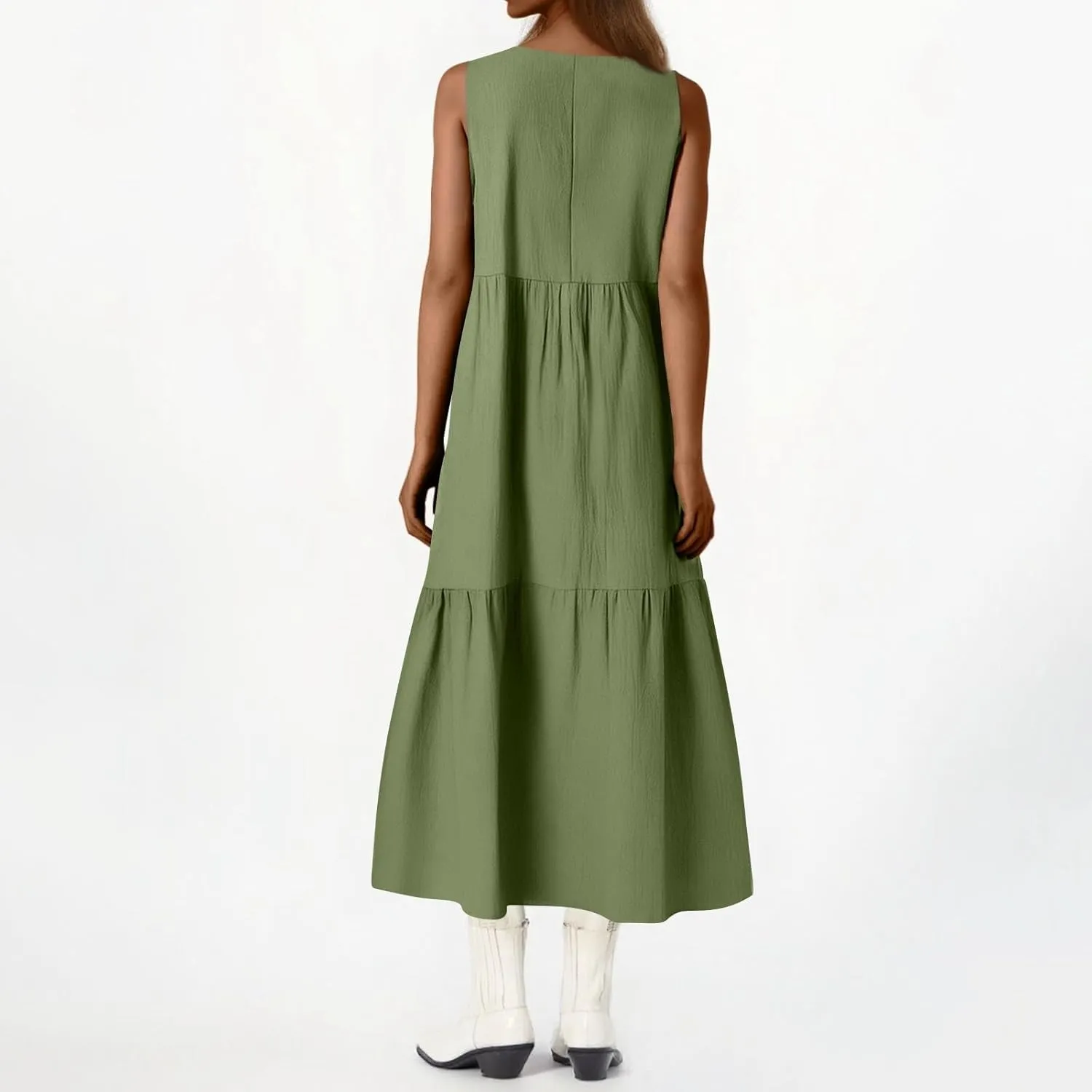 Linen Dresses for Women 2025 Summer Plus Size Casual Dresses Sleeveless V Neck Beach Flowy Long Dress with Pockets