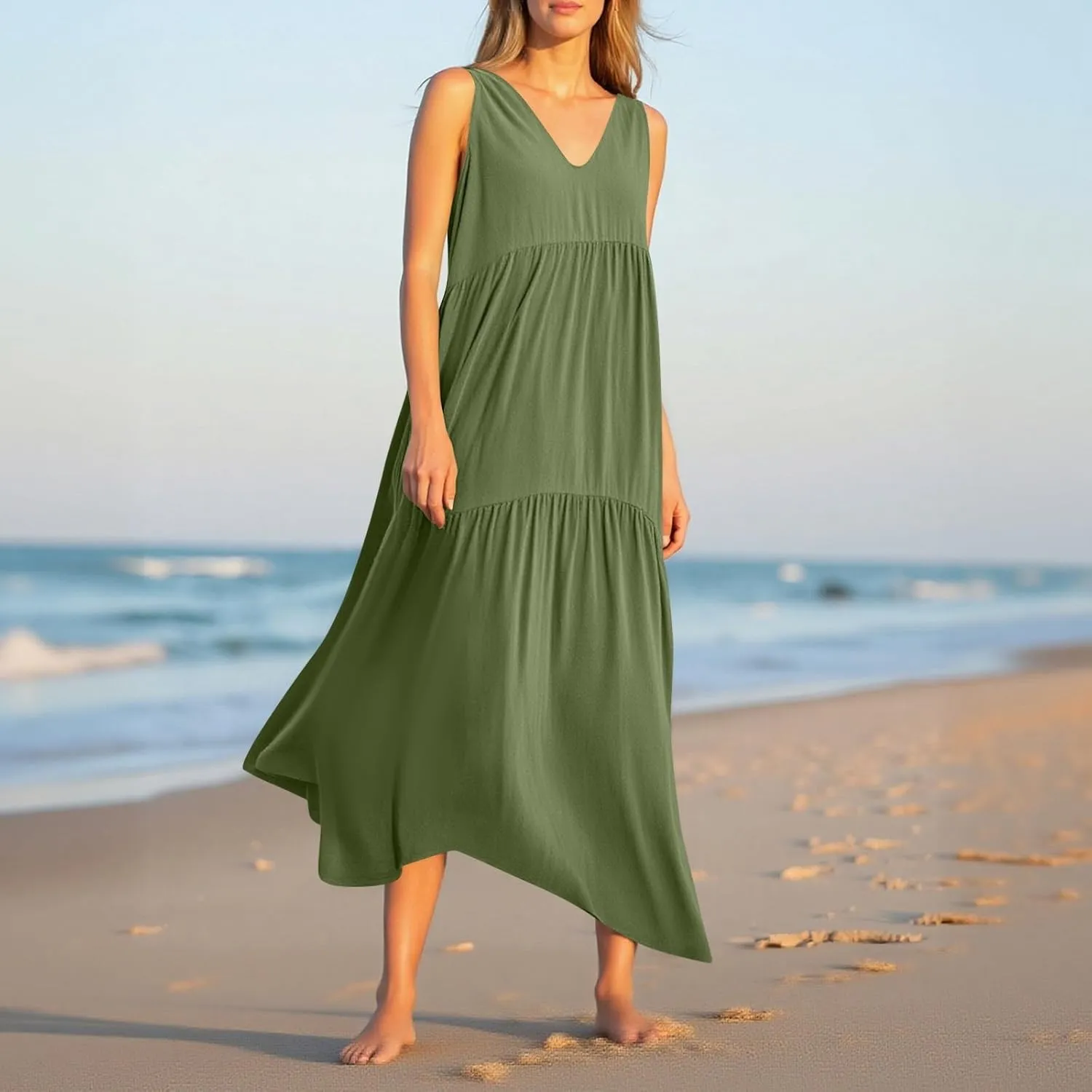Linen Dresses for Women 2025 Summer Plus Size Casual Dresses Sleeveless V Neck Beach Flowy Long Dress with Pockets