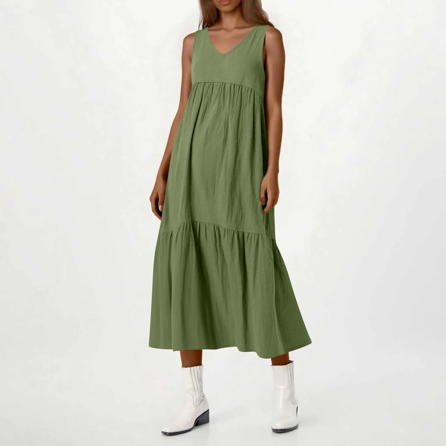 Linen Dresses for Women 2025 Summer Plus Size Casual Dresses Sleeveless V Neck Beach Flowy Long Dress with Pockets
