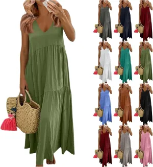 Linen Dresses for Women 2025 Summer Plus Size Casual Dresses Sleeveless V Neck Beach Flowy Long Dress with Pockets