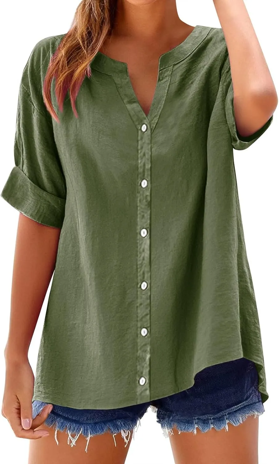 Linen Shirts for Women Summer Boho Short Tops Elbow Sleeve Button Dress Shirt Plus Size Casual Vneck Loose Work Shirt