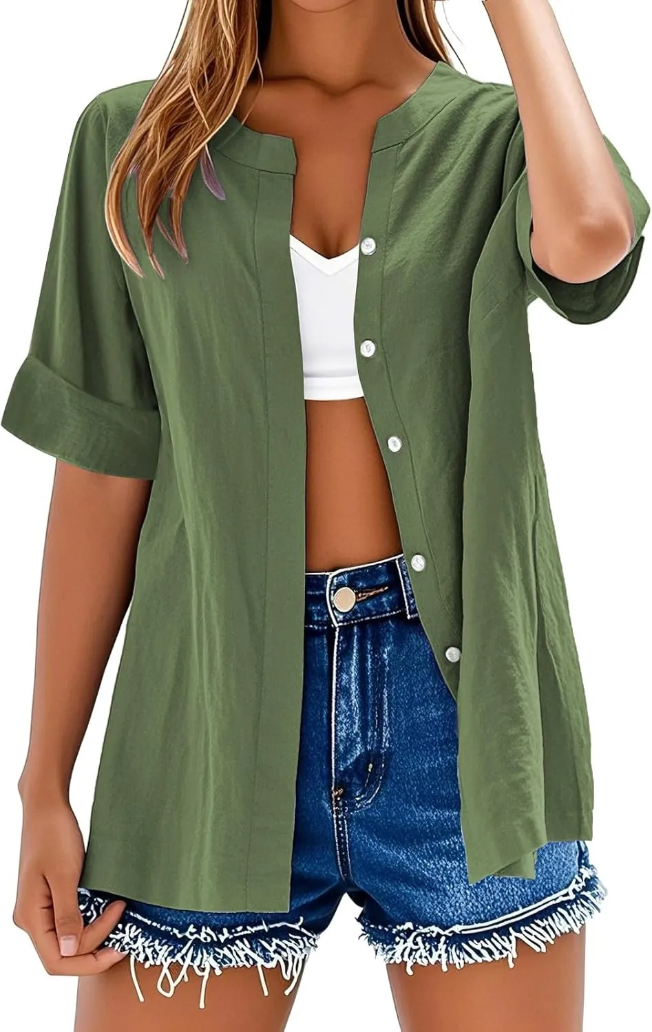 Linen Shirts for Women Summer Boho Short Tops Elbow Sleeve Button Dress Shirt Plus Size Casual Vneck Loose Work Shirt