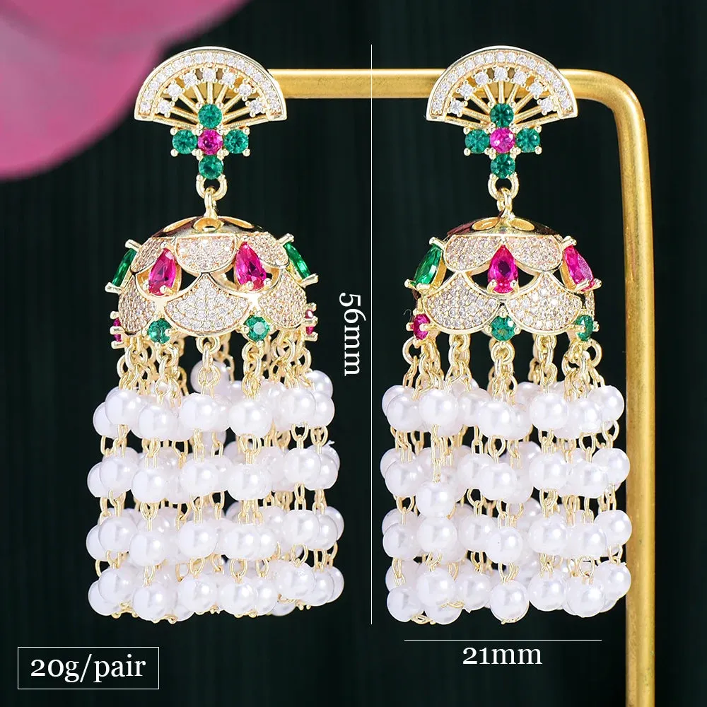 Luxury Romantic Shiny CZ Flower Pearl Drop Dangle Earrings For Women