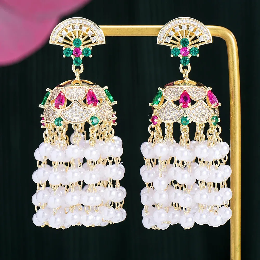 Luxury Romantic Shiny CZ Flower Pearl Drop Dangle Earrings For Women