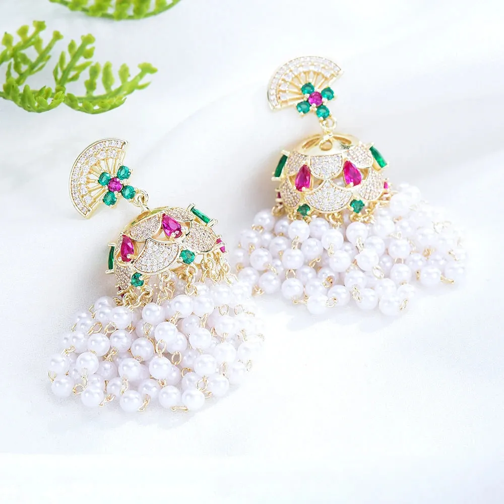 Luxury Romantic Shiny CZ Flower Pearl Drop Dangle Earrings For Women