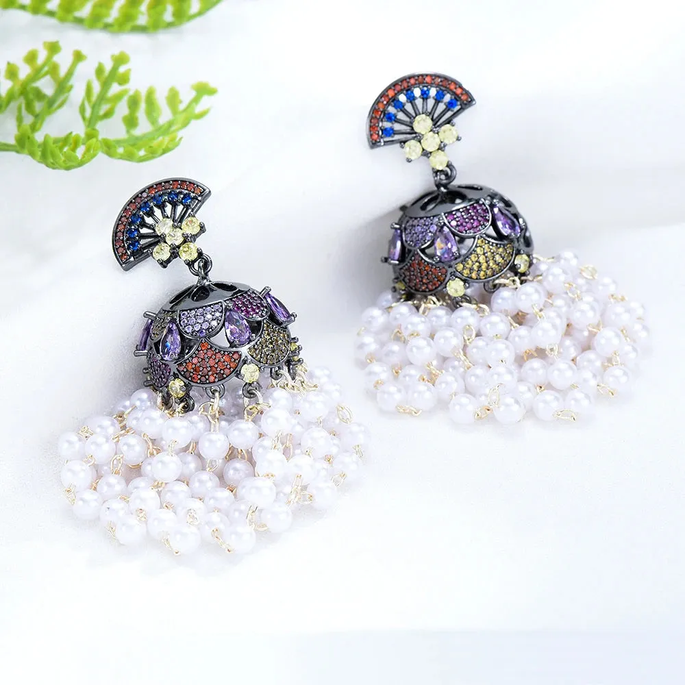 Luxury Romantic Shiny CZ Flower Pearl Drop Dangle Earrings For Women