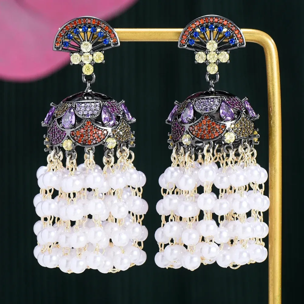Luxury Romantic Shiny CZ Flower Pearl Drop Dangle Earrings For Women