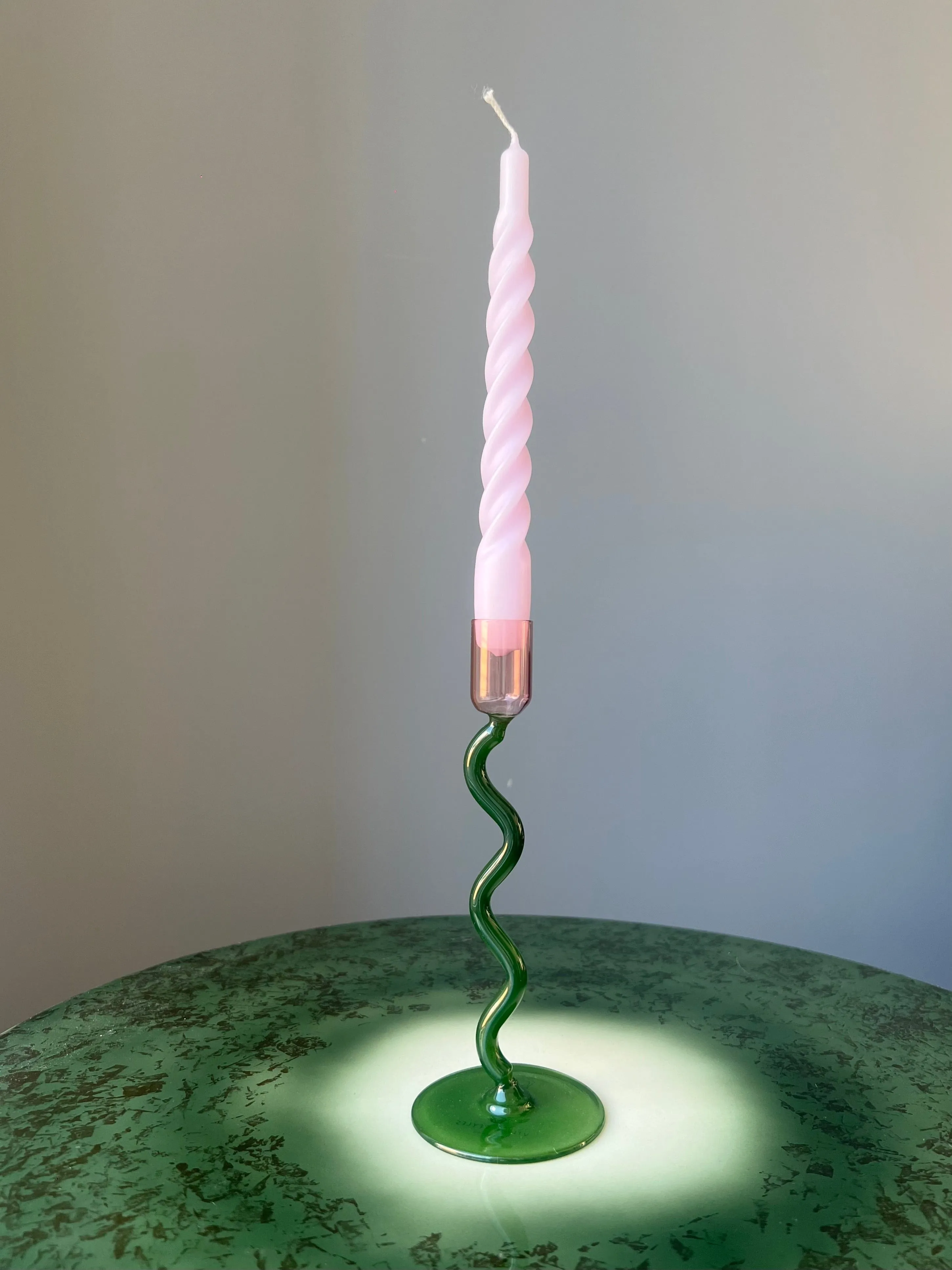 Lysestake glass - bølget lang - grønn/rosa