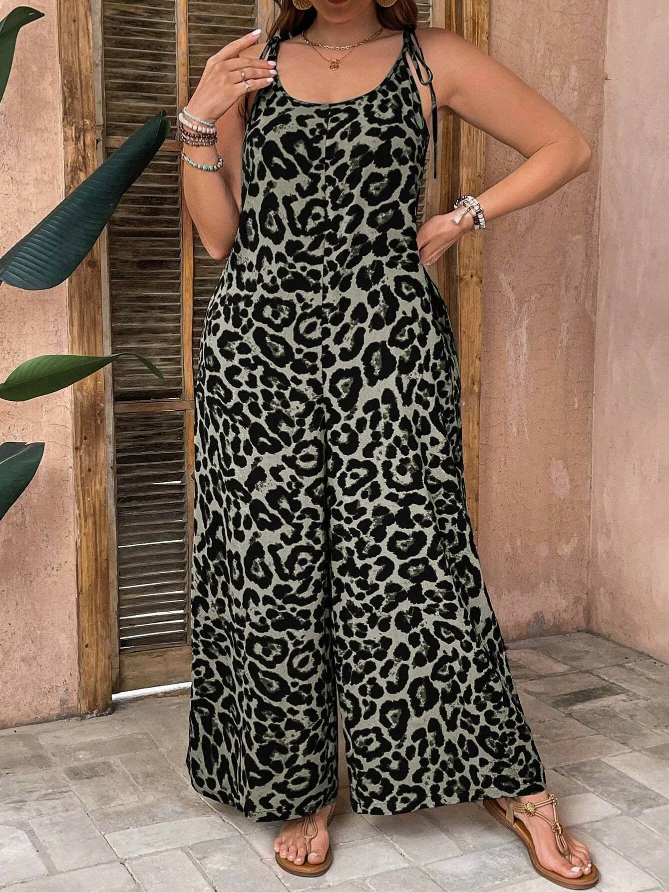 Macacão De Leopardo Com Cinto Solto Plus Size - Emma