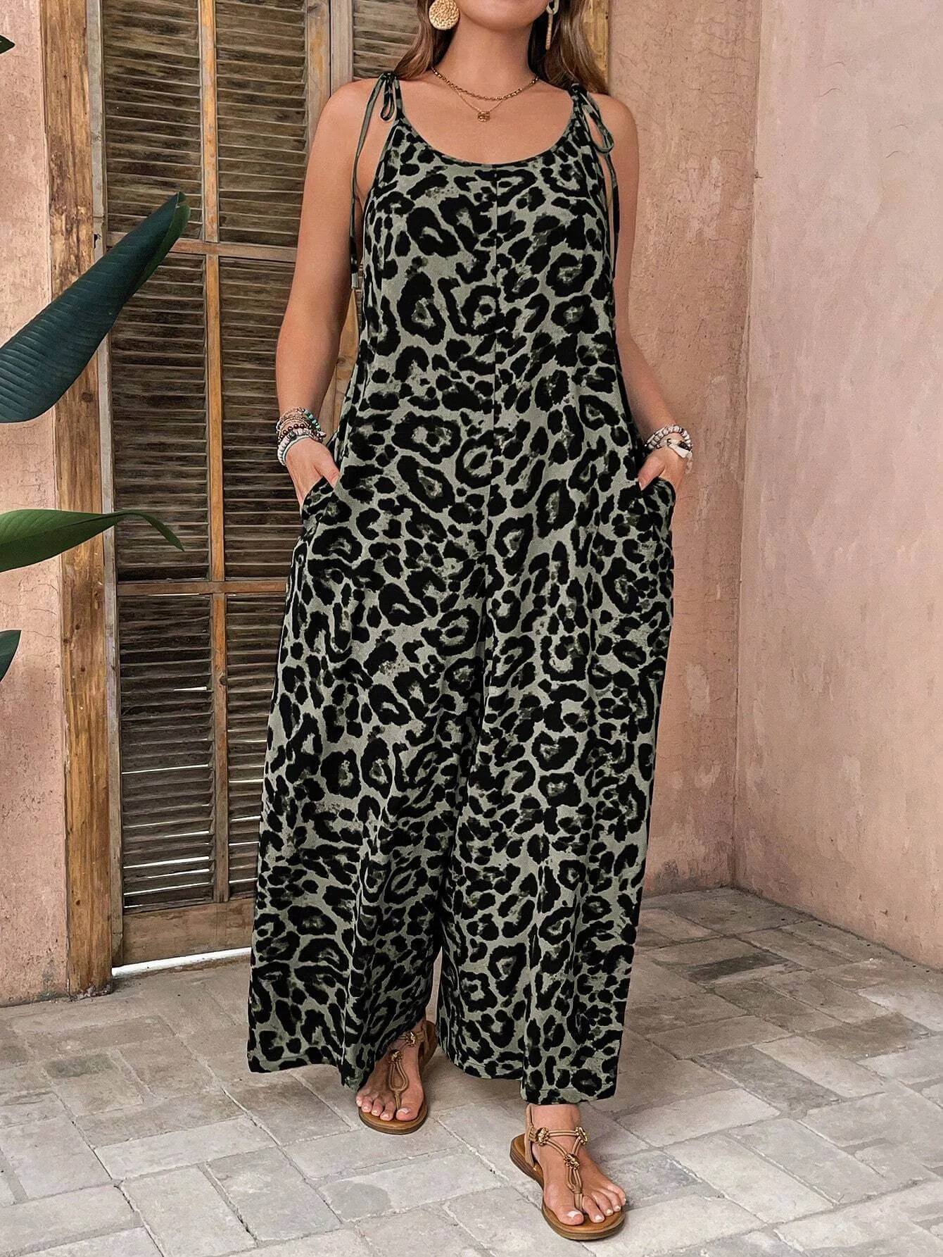 Macacão De Leopardo Com Cinto Solto Plus Size - Emma