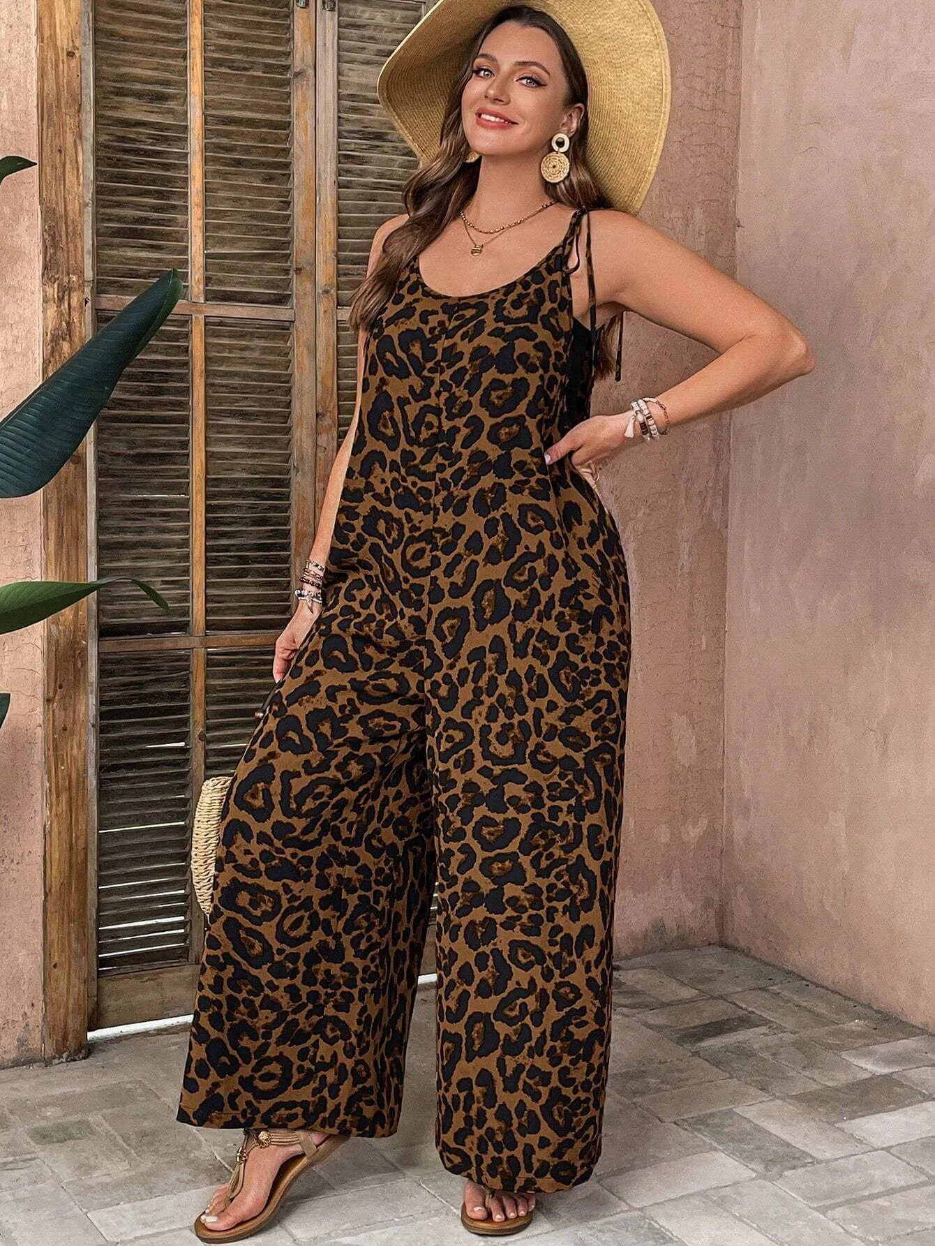 Macacão De Leopardo Com Cinto Solto Plus Size - Emma