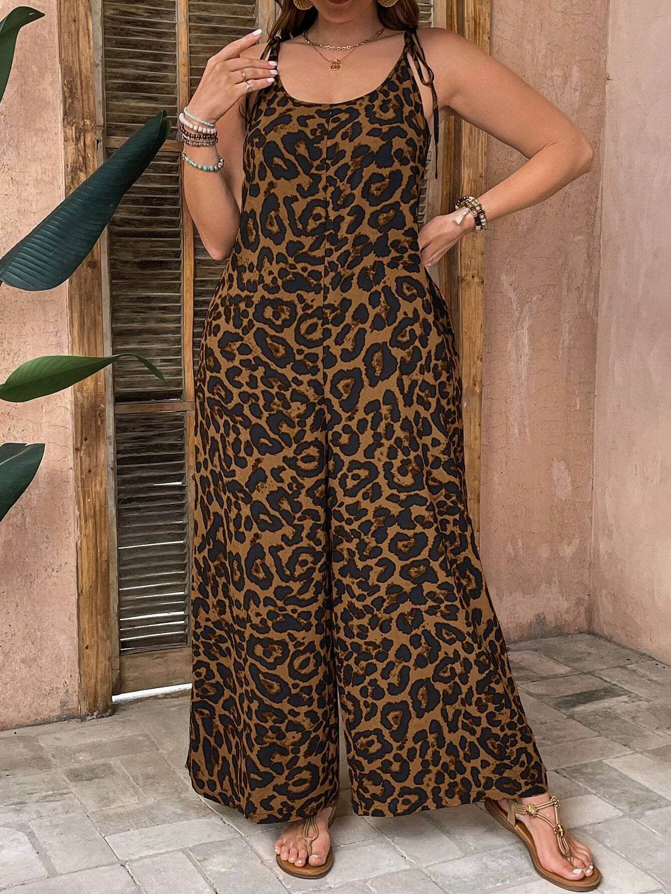 Macacão De Leopardo Com Cinto Solto Plus Size - Emma