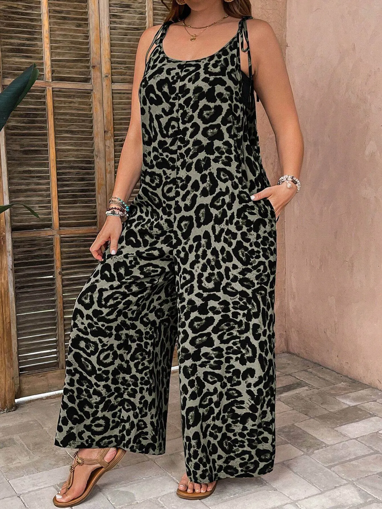 Macacão De Leopardo Com Cinto Solto Plus Size - Emma