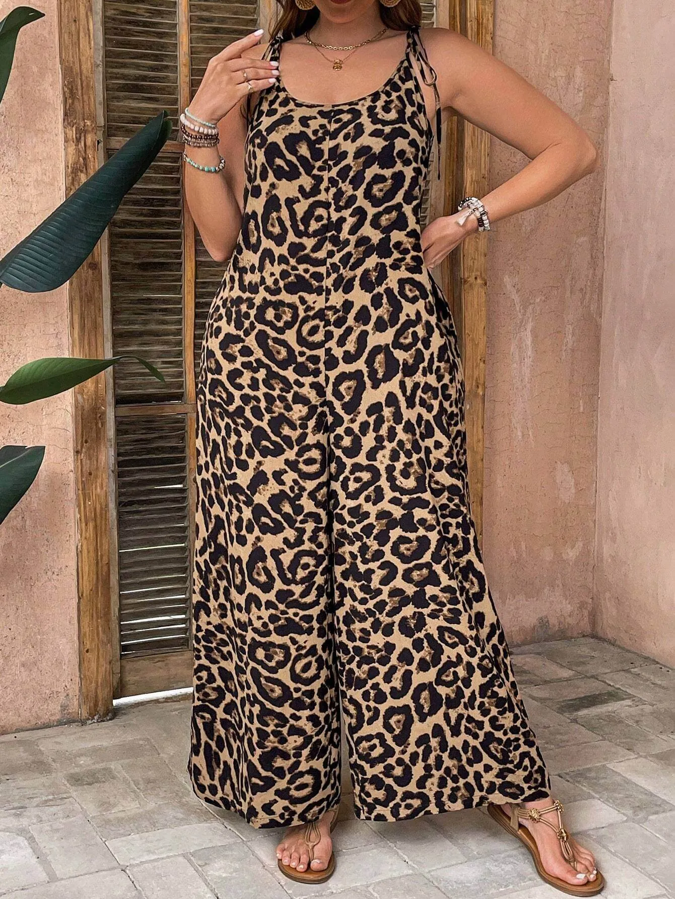 Macacão De Leopardo Com Cinto Solto Plus Size - Emma