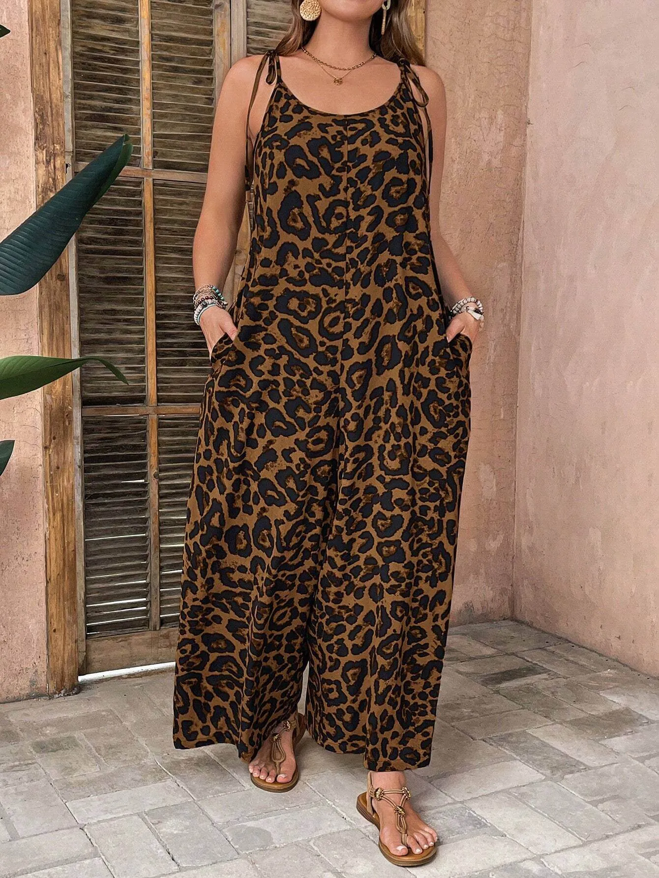 Macacão De Leopardo Com Cinto Solto Plus Size - Emma
