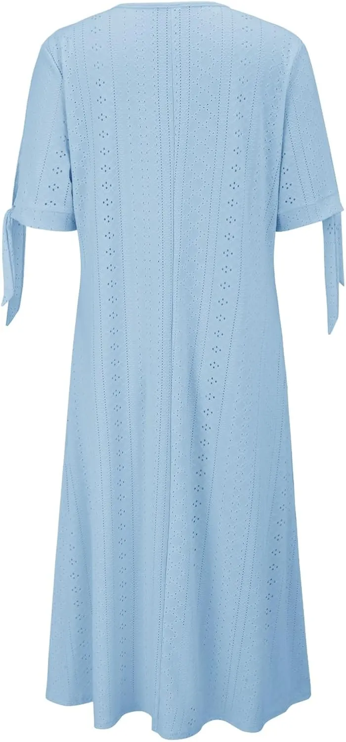 Maxi Dresses for Seniors 2025 Trendy Short Sleeve Boho Eyelet Tshirt Dress Casual Summer Beach Vacation Sundress