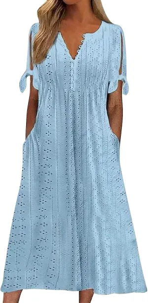 Maxi Dresses for Seniors 2025 Trendy Short Sleeve Boho Eyelet Tshirt Dress Casual Summer Beach Vacation Sundress