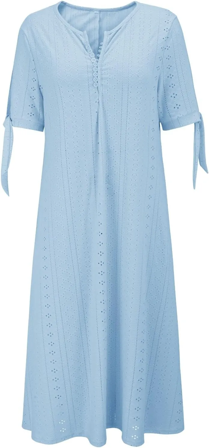 Maxi Dresses for Seniors 2025 Trendy Short Sleeve Boho Eyelet Tshirt Dress Casual Summer Beach Vacation Sundress