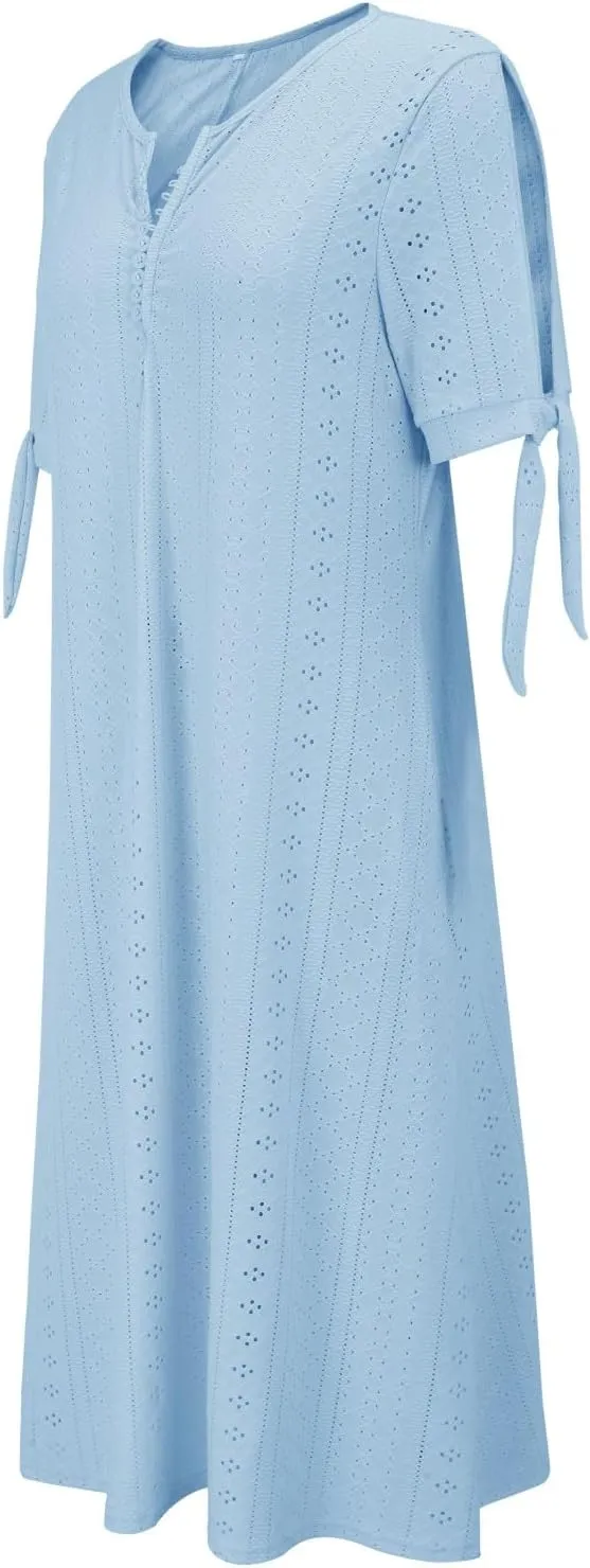 Maxi Dresses for Seniors 2025 Trendy Short Sleeve Boho Eyelet Tshirt Dress Casual Summer Beach Vacation Sundress