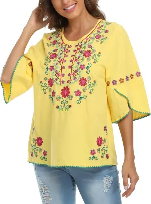 Mexican Shirts Peasant Blouses for Women Cotton Embroidered Blouses Fiesta Summer Bohemian Shirts 3/4 Sleeves