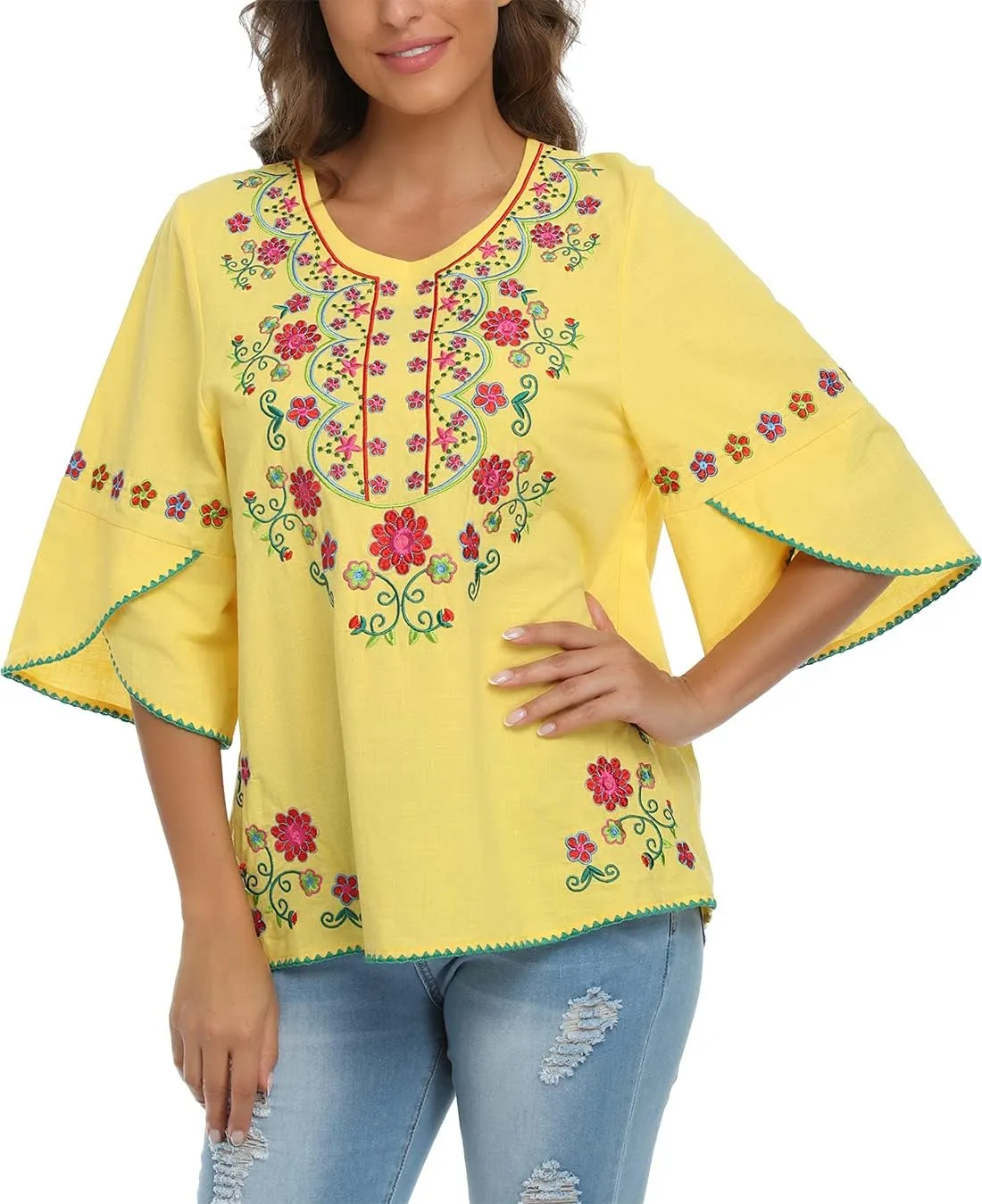 Mexican Shirts Peasant Blouses for Women Cotton Embroidered Blouses Fiesta Summer Bohemian Shirts 3/4 Sleeves